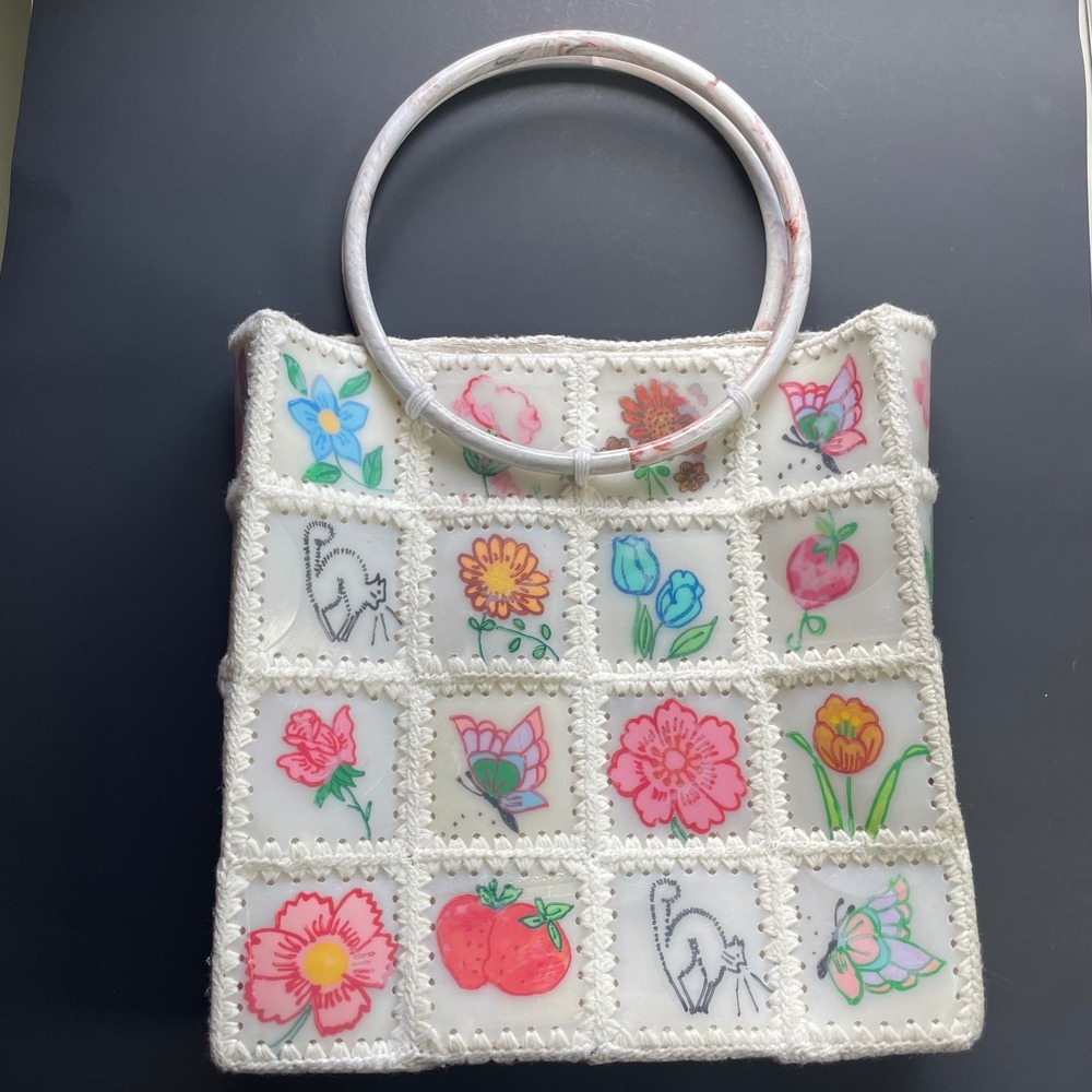 Handmade 12.5x13 Tote Bag Multicolor Floral Butterfly Crochet Acrylic Handle Bag